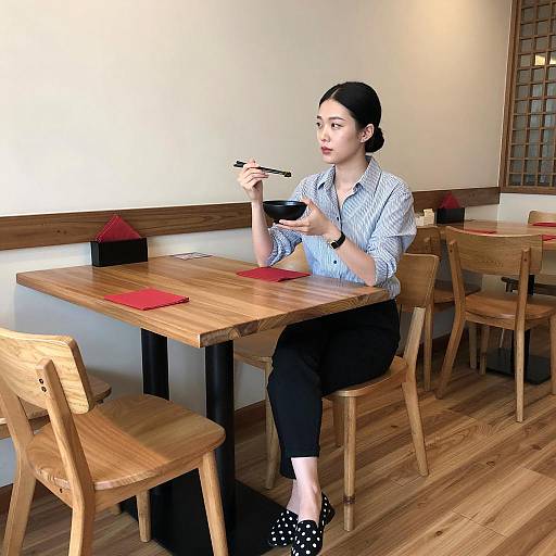 Casual Dining Scene with Asian Woman