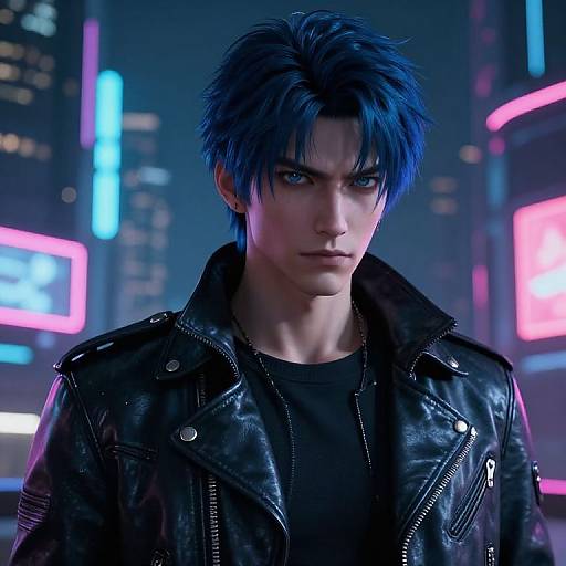 CGI image of a handsome, blue-eyed man with spiky dark blue hair, wearing a black leather jacket in a neon-lit, futuristic city