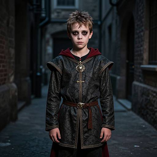 Photograph of a young boy with spiky brown hair, wearing a dark medieval-style tunic with gold trim and red hood, standing in a dim