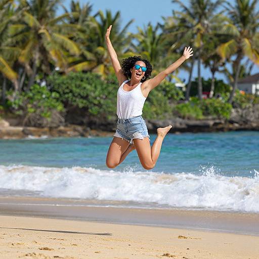 Photograph of a curly-haired woman with tan skin, wearing sunglasses, white tank top, and denim shorts, jumping joyfully on a sunny tropical beach