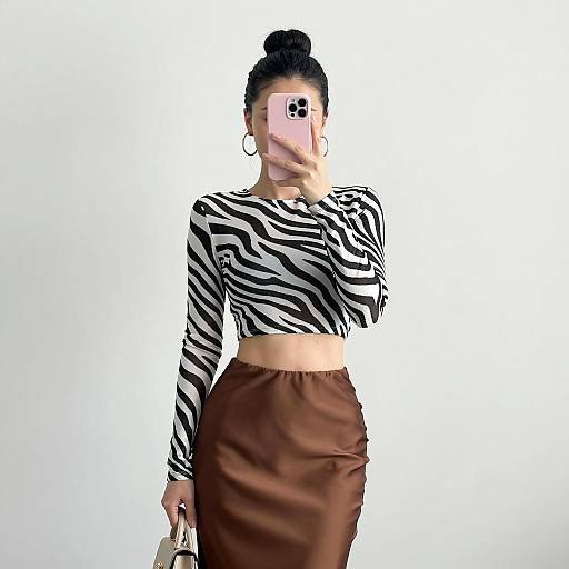 Fashionable woman taking selfie with zebra-print crop top