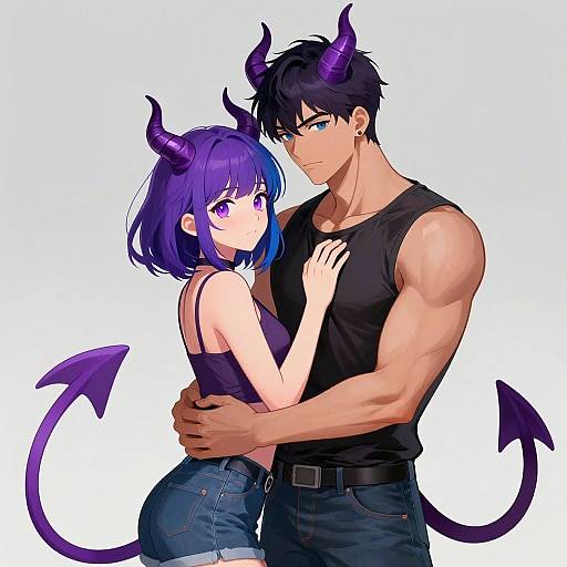 Digital anime-style drawing of a muscular, black-haired demon man in a tank top, hugging a purple-haired demon girl in a black top and denim