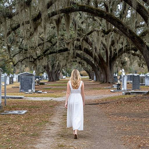 Photograph of a blonde woman in a white sundress walking down a gravel path in a serene, tree-canopied cemetery with gravestones and