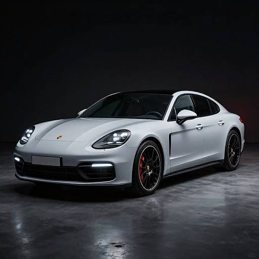Photograph of a sleek, white Porsche 718 Cayman with black rims and red brake calipers, illuminated against a dark background.