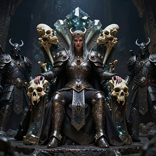 Digital artwork of a dark, armored queen with glowing blue crown, seated on a throne adorned with skulls, surrounded by helmeted guards in a dimly
