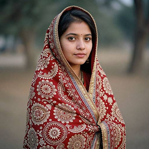 Photograph of a young Indian woman with medium brown skin, black hair, and dark eyes, wearing a red and gold embroidered saree, standing outdoors