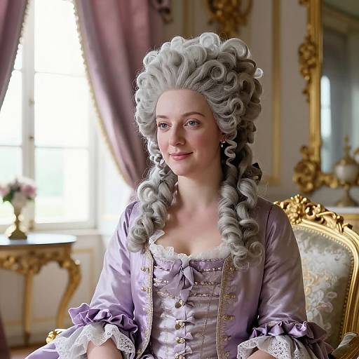 Digital portrait of a fair-skinned woman with large, curly gray wig, wearing a lavender satin dress with lace and ribbon details, in an opulent