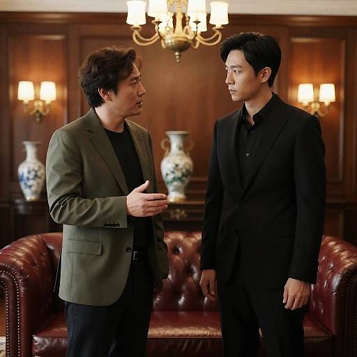 Two men in conversation in elegant wood-paneled room