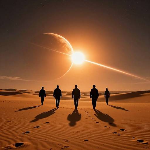 Silhouetted figures walking across orange desert sand with footprints, towards a bright, sunlit planet and starry sky. Digital artwork.