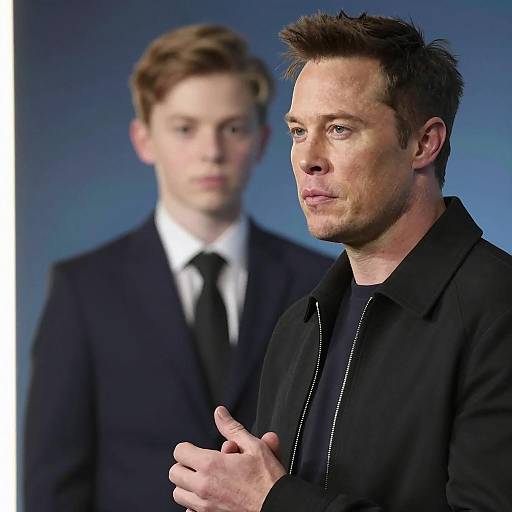 Serious Man with Blurred Young Boy