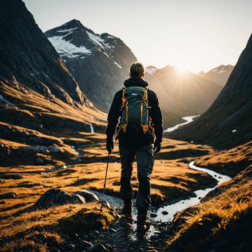Norwegian Hiker in Mountain Valley at Sunset