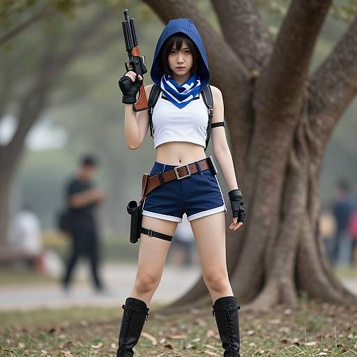 Photograph of an Asian woman with black hair, blue hood, white crop top, navy shorts, black boots, holding a gun, standing in a