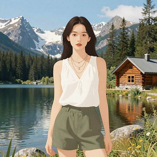 Digital illustration of an Asian woman with long black hair, wearing a white sleeveless top and green shorts, standing by a lake with a wooden cabin and