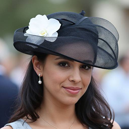 Photograph of a smiling woman with medium-dark skin, wearing a black mesh fascinator with white flower, pearl earrings, and white top. Blurred