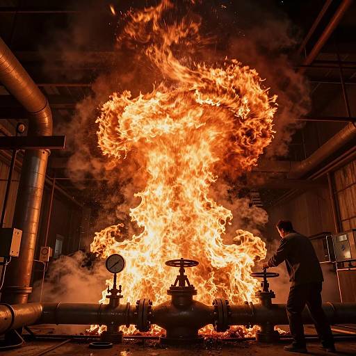 Industrial Boiler Explosion with Flames and Valve Operator