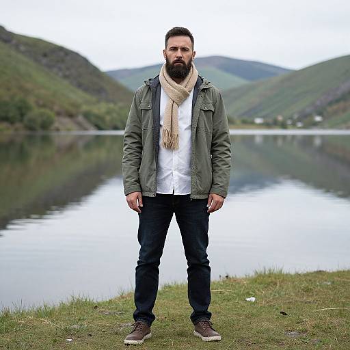 Photograph of bearded man with dark hair, wearing green jacket, white shirt, beige scarf, black pants, brown shoes, standing by a reflective