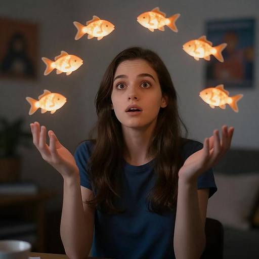 Surprised Woman Surrounded by Glowing Fish