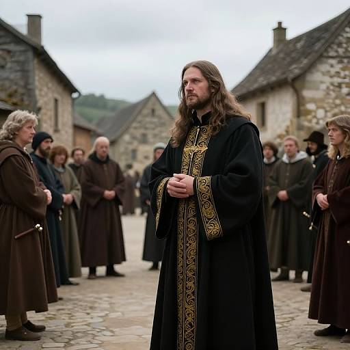 Photograph of a medieval village scene with a long-haired, bearded man in a black, ornately embroidered robe standing in the center, surrounded by