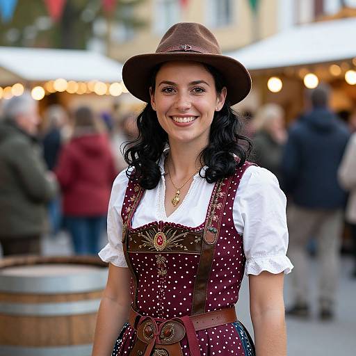 Photograph of a smiling woman with dark curly hair, wearing a brown polka-dot dress, white blouse, brown hat, and brown belt, in