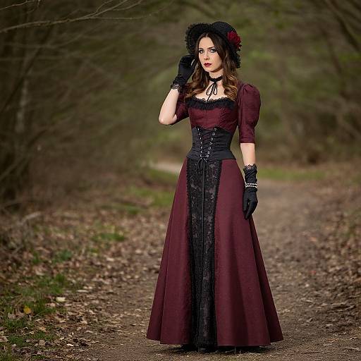 Photograph of a woman in a Victorian-style burgundy dress with black lace details, black gloves, and a black hat, standing on a forest path