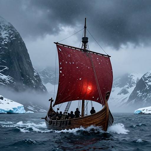 Photograph of a wooden Viking ship with a red sail and glowing lantern, navigating icy waters between snow-capped mountains under a cloudy sky.