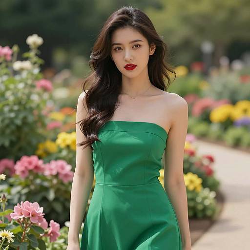 Elegant Woman in Colorful Flower Garden