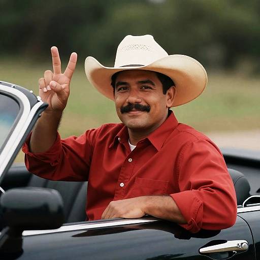 Cheerful Cowboy in Convertible Car