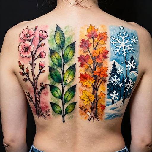 Photograph of a tattooed back featuring vibrant floral, green leaf, autumn leaves, and snowy trees in colorful, realistic style.