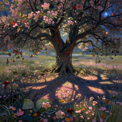 Digital painting of a magical tree with glowing pink flowers, dark twisted trunk, and colorful fairy lights casting a vibrant, enchanting shadow on a grassy