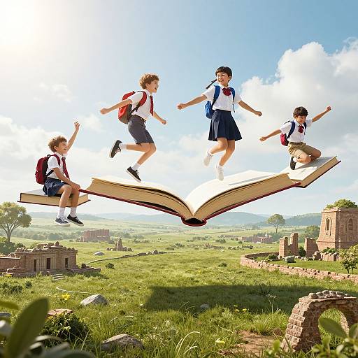 Children Soaring on Giant Textbooks