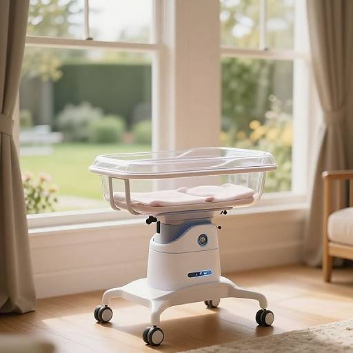 Photograph of a white, modern, portable infant bassinet with clear top, standing on four caster wheels, in a sunlit room with large windows
