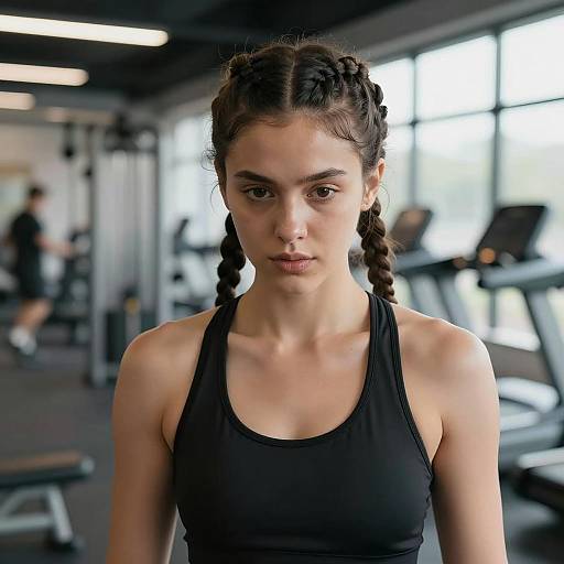 Focused Woman in Gym with Cornrows