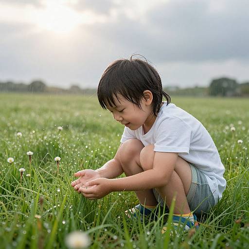 Joyful Child in Rain-Kissed Meadow