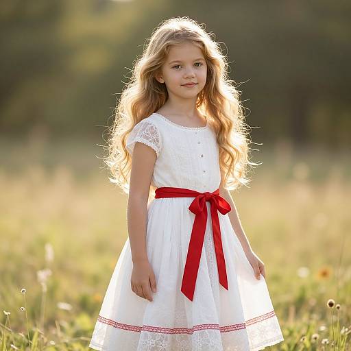 Young Girl in White Dress with Red Sash in Sunlit Meadow