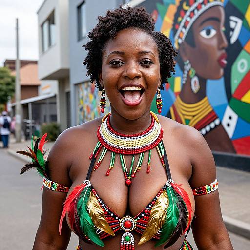 Photograph of smiling Black African woman with natural curls, wearing colorful beaded bikini top with red and green feathers, bold necklace, and earrings, standing