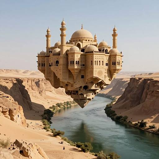 Photorealistic CGI of a floating, beige, domed palace with minarets, hovering over a desert canyon with a winding river below.