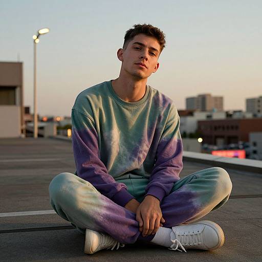 Photograph of a young man with short, dark hair, sitting cross-legged on a rooftop at sunset. He wears a tie-dye sweatshirt and