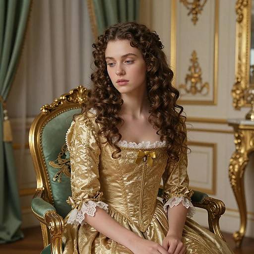 Photograph of a fair-skinned woman with long curly brown hair, wearing a gold baroque-style dress with white lace trim, sitting on an orn