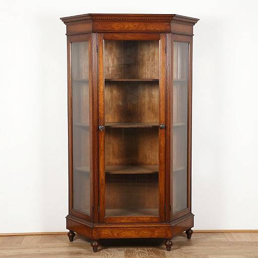 Photograph of an antique wooden glass-fronted cabinet with three shelves, dark polished wood, curved corners, and turned legs, standing on wooden floor against