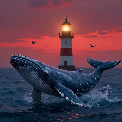 Photograph of a massive, splashing whale in front of a red-and-white lighthouse at sunset, with birds flying above against a vibrant pink and