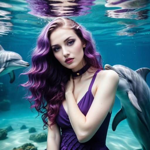 Woman with Purple Hair Underwater with Dolphins