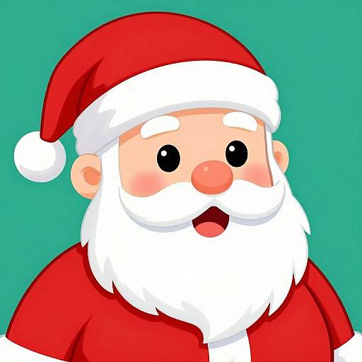 Cartoon Santa Claus with a red hat, white beard, rosy cheeks, and black eyes, smiling against a teal background. Digital illustration.