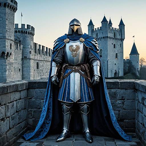 Crusader Knight in Blue and Silver Armor at Castle Ramparts