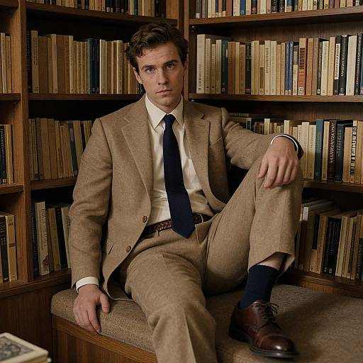 Photograph of a handsome, young man with fair skin and brown hair, wearing a beige suit, navy tie, and black socks, sitting confidently in