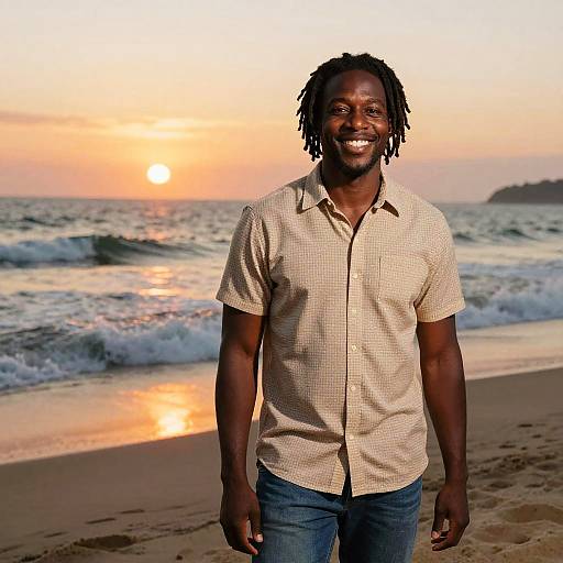 Photograph of smiling Black man with dreadlocks, wearing a checkered shirt and jeans, standing on a beach at sunset. Waves and orange sky in