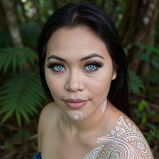 Photograph of a woman with striking blue eyes, dark straight hair, and white body paint on her face and shoulder, set against a lush forest background