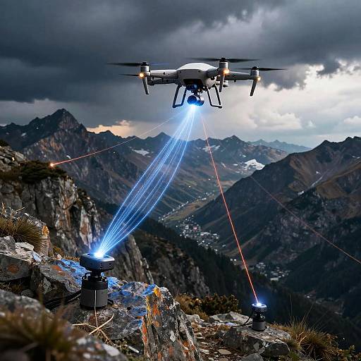 Photograph of a drone with blue laser beams and red lights hovering over a mountainous landscape with rocky foreground and dramatic clouds.