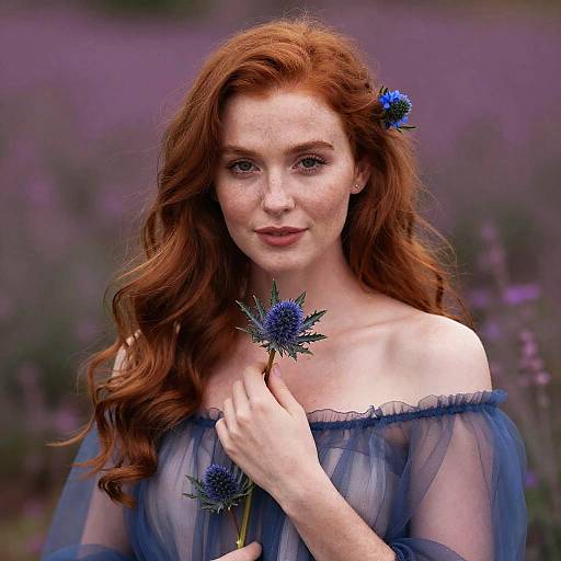 Photograph of a fair-skinned, red-haired woman with freckles, wearing a sheer blue off-shoulder dress, holding blue thistle
