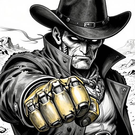 Digital comic-style drawing of a menacing, white-faced, elderly man in a black hat and coat, pointing glowing yellow guns. White background.