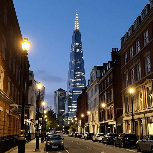 Photograph of London's evening skyline with illuminated Gherkin tower, surrounded by historic buildings and streetlights, parked cars lining the street.